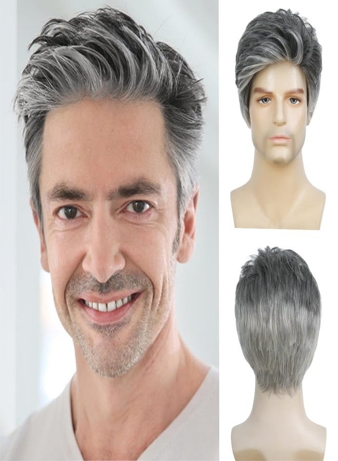 Kaneles Mens Grey Short Wigs Layered Natural Wig Gray Mixed White Synthetic Halloween Daily Hair Wig for Male Guy - Image 1